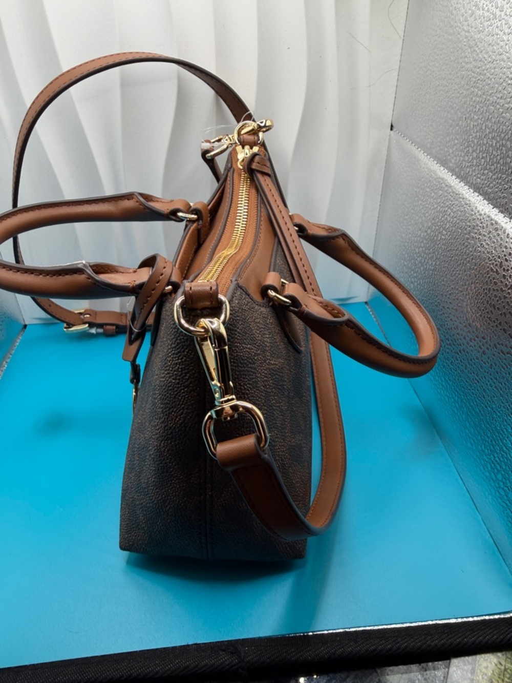 Michael Kors Brown & Tan Logo Satchel with Gold MK Charm - Picture 2 of 10